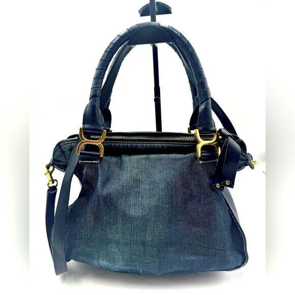 Auth Chloe Dark Blue Denim & Leather Medium Marcie Double Satchel Preloved - Picture 3 of 15
